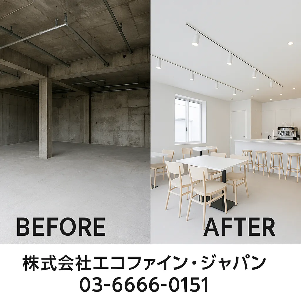 【施工事例】スケルトン物件からの内装改修でスタイリッシュなカフェを施工！